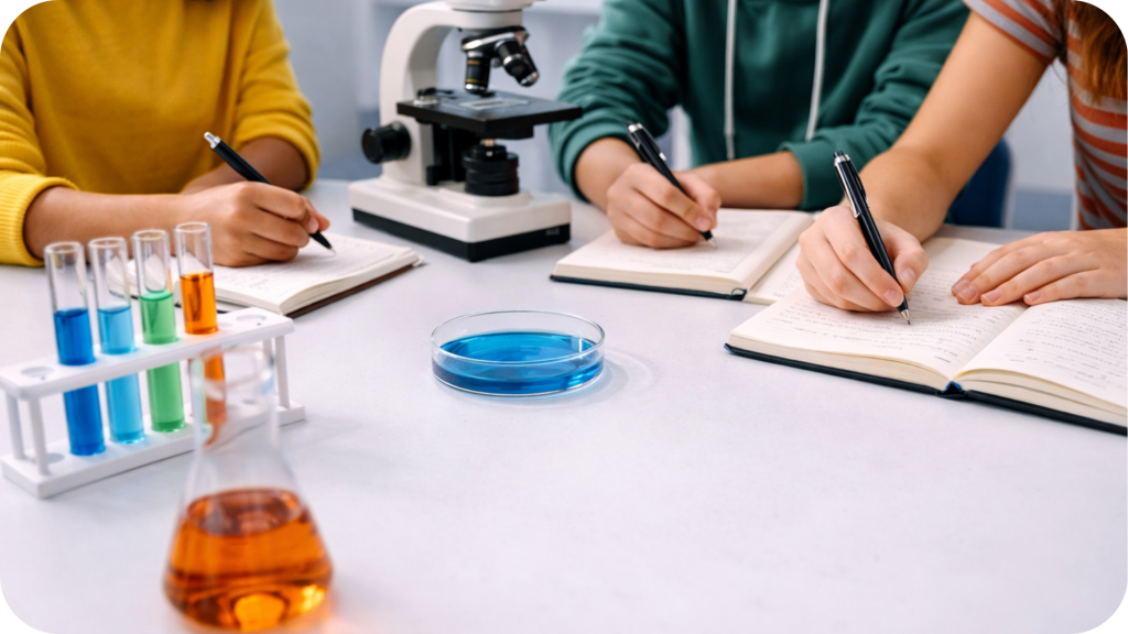 Close-up of three middle school students seated at a lab table, each writing in their own notebook beside a microscope, a petri dish with blue liquid, a small rack of colorful test tubes, and a flask with orange liquid.