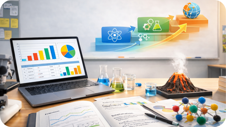 Close-up of a science classroom desk with data charts, lab tools, and visual progression representing scaffolded scientific thinking.