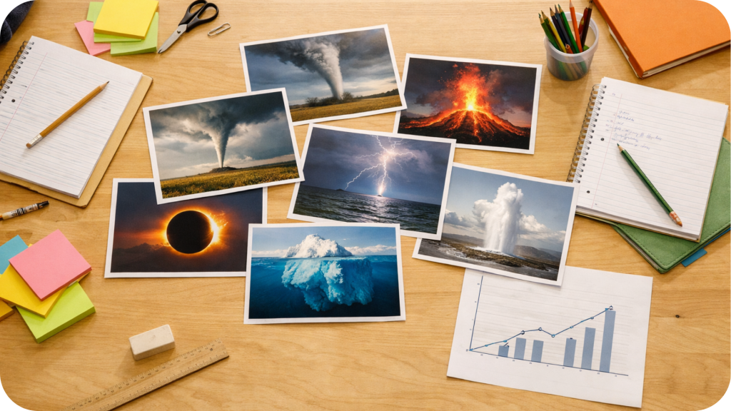 Overhead view of a classroom table with printed photos of natural phenomena, student notebooks, sticky notes, pencils, and a simple graph, arranged as if students are analyzing evidence and discussing scientific ideas.