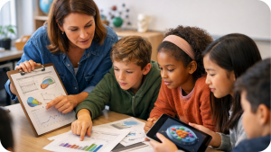 Middle school science teacher and diverse group of students reviewing graphs, models, and data together in a bright classroom.