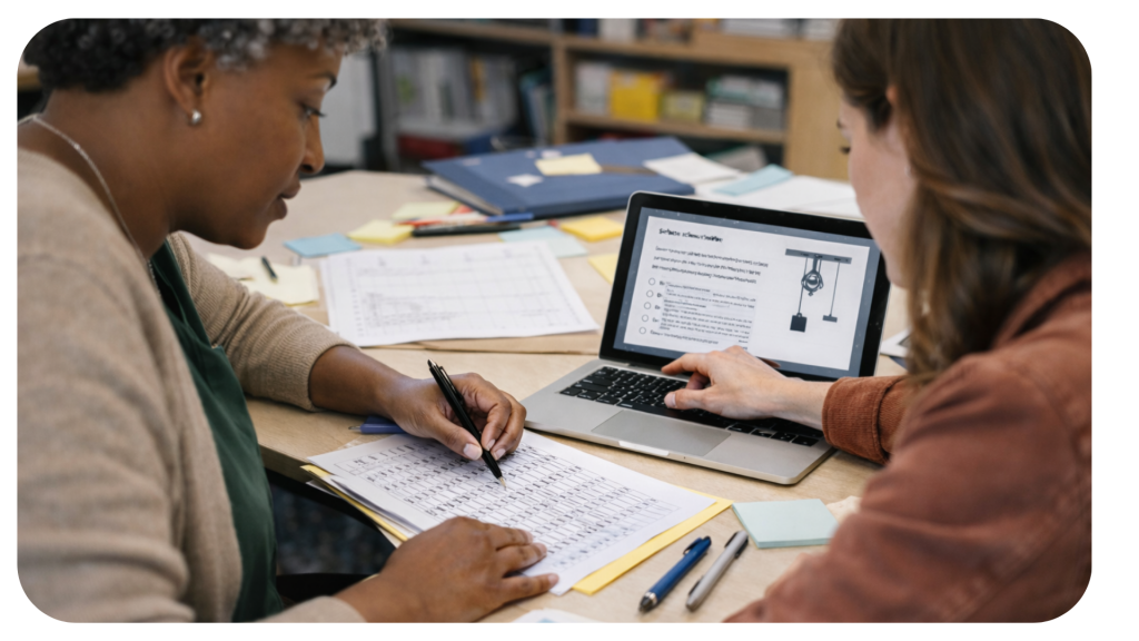 Two educators sit side by side at a table in a school office, reviewing science assessment materials. One marks a student data sheet with a pen while the other points to a laptop showing a science question with a pulley diagram. Sticky notes, folders, and pens are scattered across the table, creating a candid, collaborative planning scene.