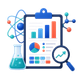 Illustration of science assessment reports with data charts, lab equipment, and a magnifying glass for analyzing student performance